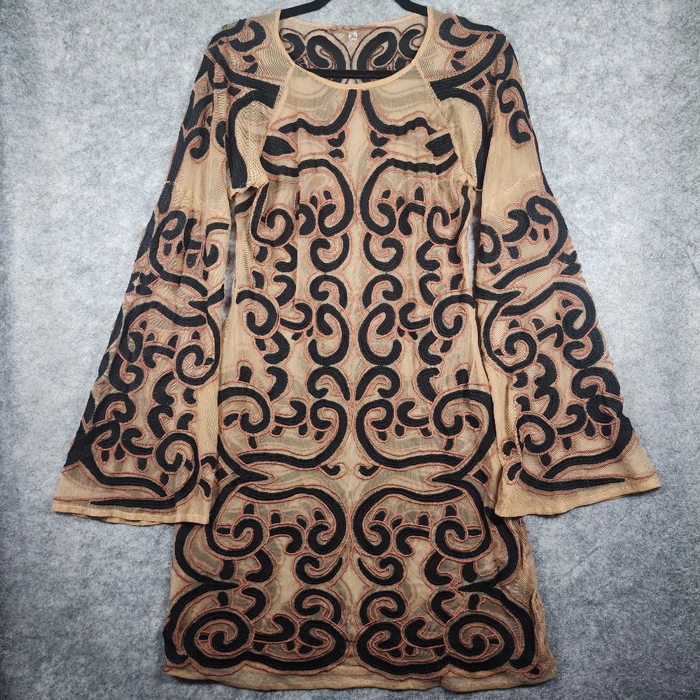 For Love & Lemons Antonina Black and Nude Bell Sleeve Mini Dress Size Large